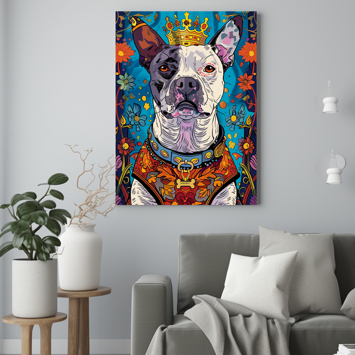 Królewski pies z kwiatami w graficznym stylu - Portret psa ze zdjęcia na zamówienie