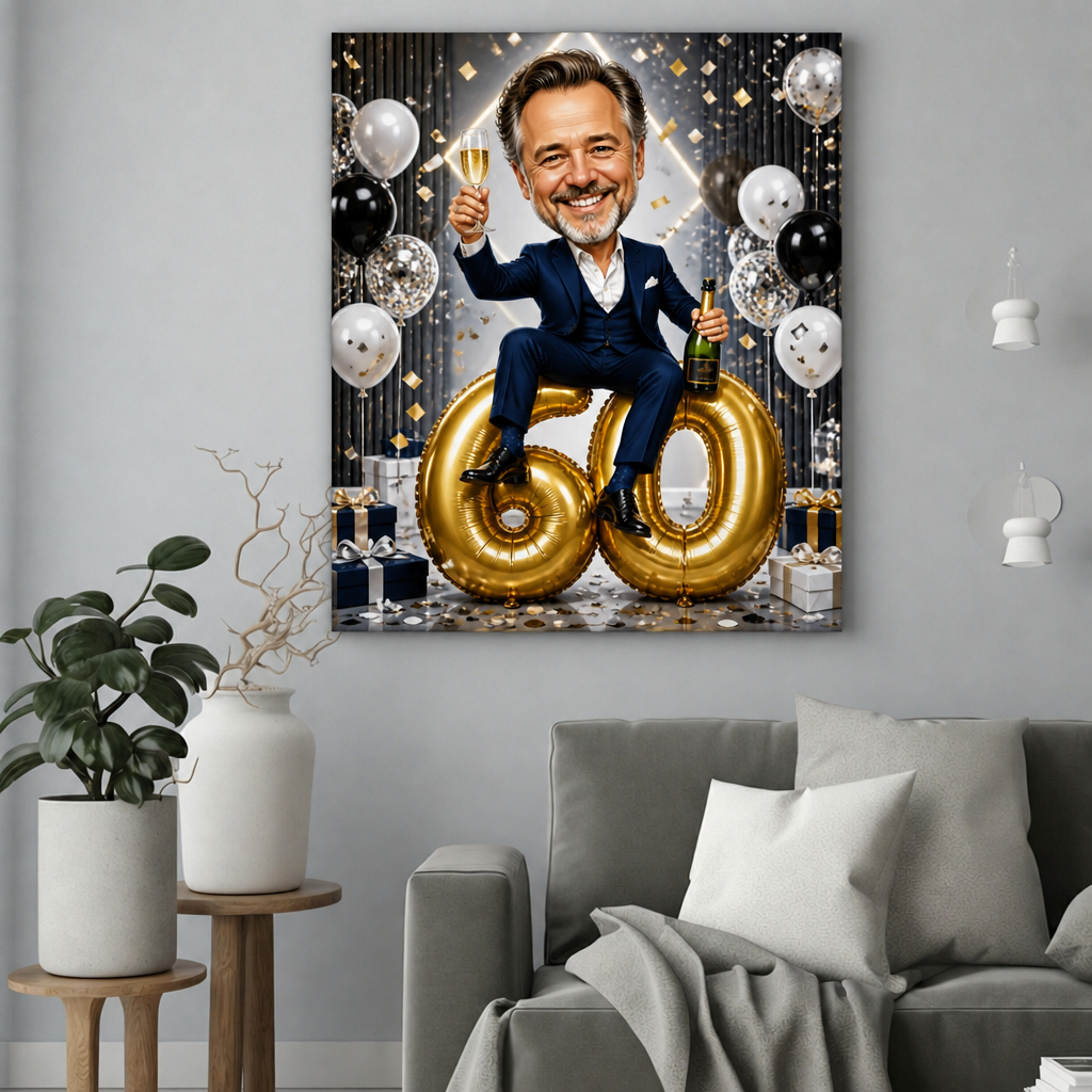 60 Urodziny Kolegi – Portret Karykatura ze Zdjęcia na Prezent dla Mężczyzny - portret na płótnie we wnętrzu