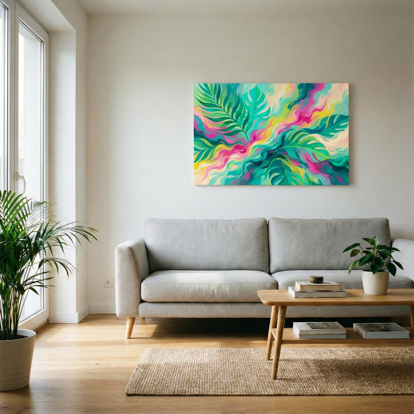 Liście z kolorowym tłem  - Obraz na płótnie na ścianę do salonu lub sypialni