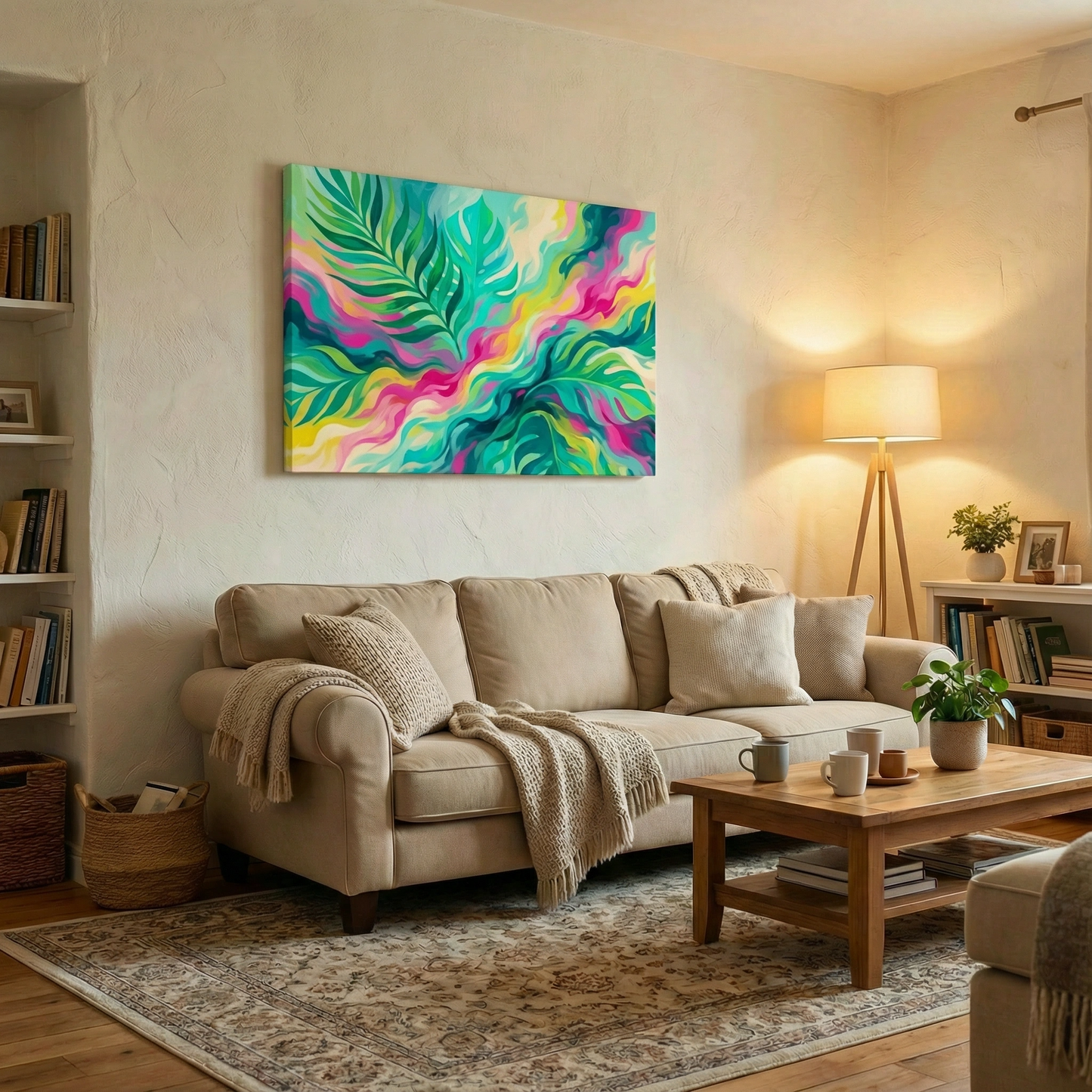 Liście z kolorowym tłem  - Obraz na płótnie na ścianę do salonu lub sypialni