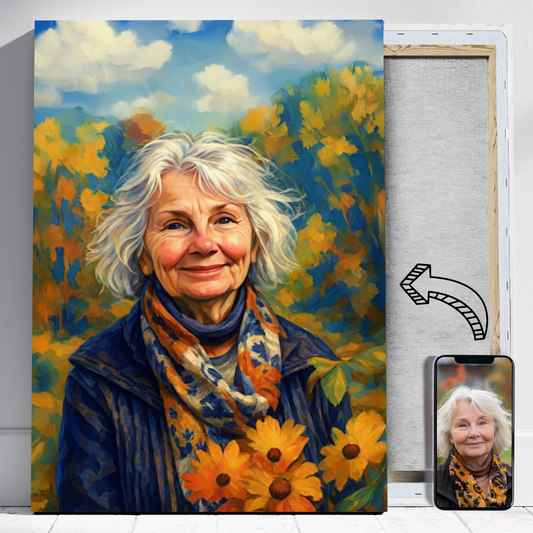 Babcia z kwiatami jak malowana - Portret ze zdjęcia na prezent dla kobiety