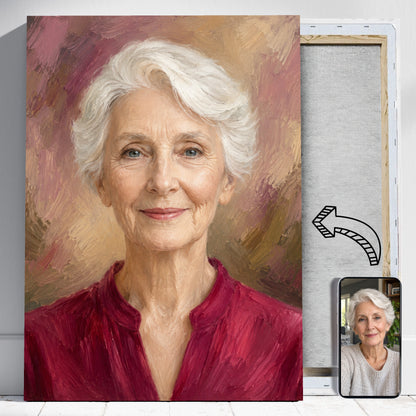 Babcia jak Namalowana – Portret ze Zdjęcia na Prezent dla Kobiety - portret na płótnie i zdjęcie referencyjne w telefonie