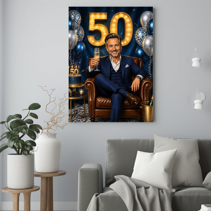 Jego 50 Urodziny – Portret ze Zdjęcia na Prezent dla Mężczyzny - portret na płótnie we wnętrzu