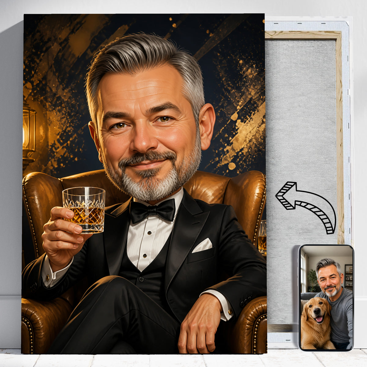 Jego Elegancka Karykatura – Portret ze Zdjęcia na Prezent dla Mężczyzny - portret na płótnie i zdjęcie referencyjne w telefonie