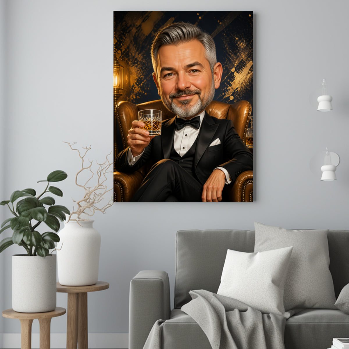 Jego Elegancka Karykatura – Portret ze Zdjęcia na Prezent dla Mężczyzny - portret na płótnie we wnętrzu