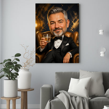 Jego Elegancka Karykatura – Portret ze Zdjęcia na Prezent dla Mężczyzny - portret na płótnie we wnętrzu
