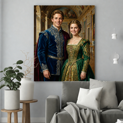 Królewska Para w Zamku Jak z Obrazu – Portret ze Zdjęcia na Prezent dla Pary - portret na płótnie we wnętrzu