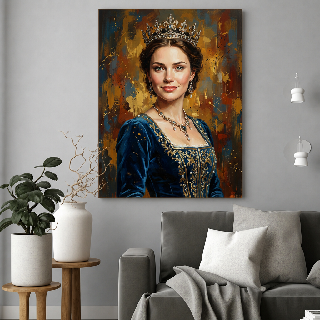 Królowa w Błękicie – Portret jak Malowany ze Zdjęcia na Prezent dla Kobiety - portret na płótnie we wnętrzu