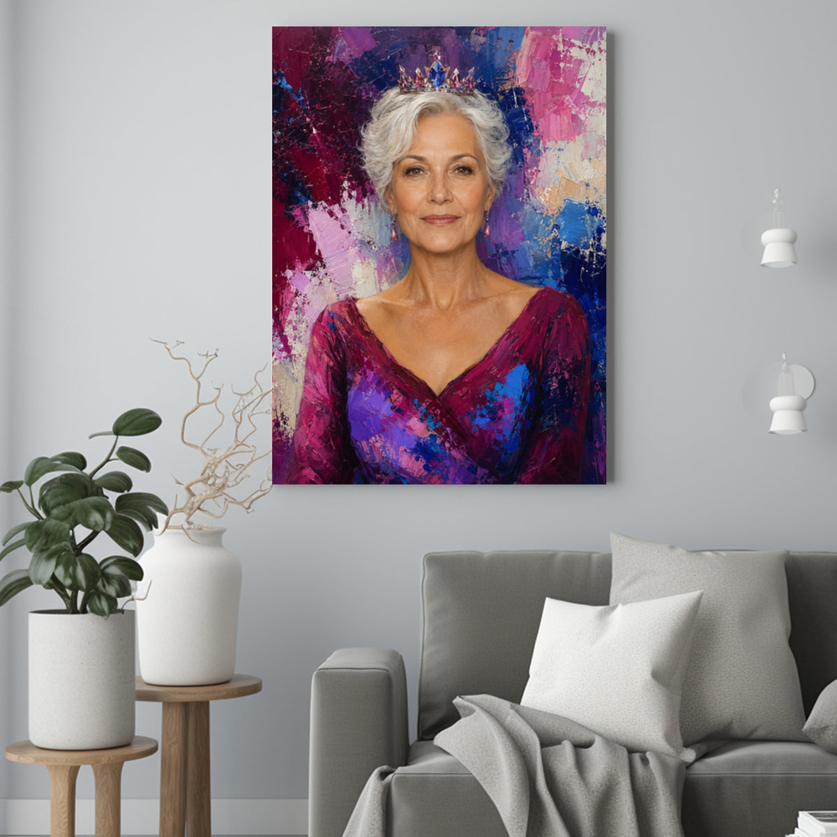 Mama jako Malowana Królowa – Portret ze Zdjęcia na Prezent dla Kobiety - portret na płótnie we wnętrzu