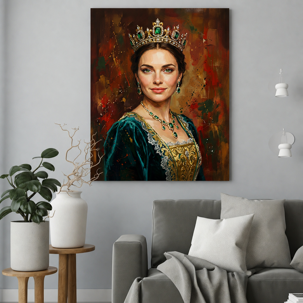 Obraz Królowej jak Malowany – Portret ze Zdjęcia na Prezent dla Kobiety - portret na płótnie we wnętrzu