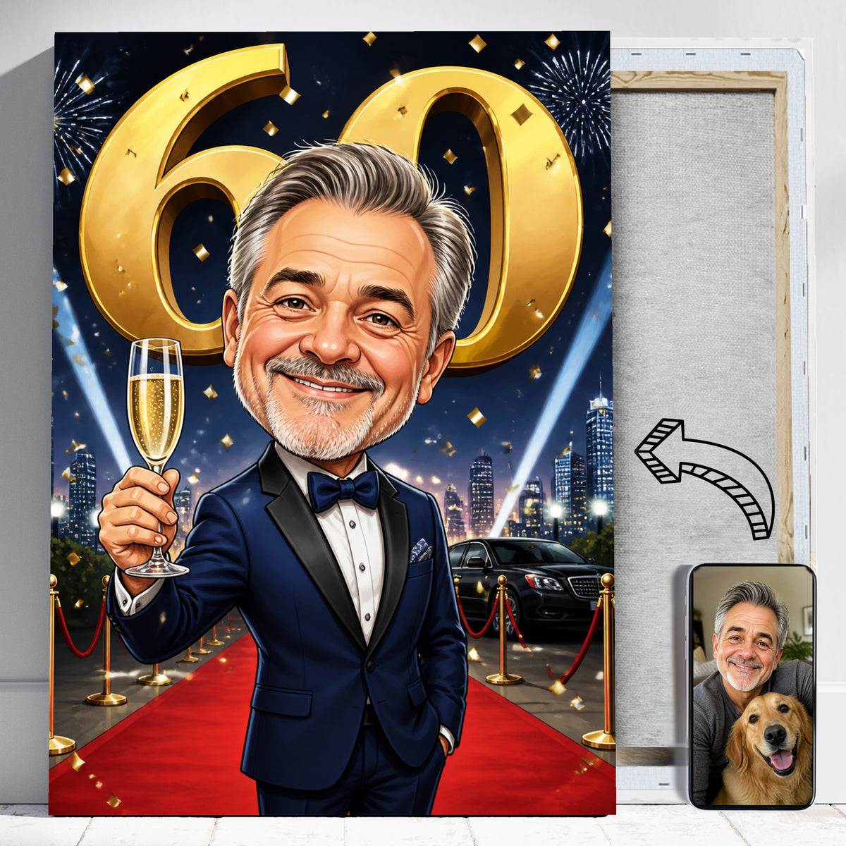 Sześćdziesiąte Urodziny Gwiazdy Karykatura – Portret ze Zdjęcia na Prezent dla Mężczyzny - portret na płótnie i zdjęcie referencyjne w telefonie