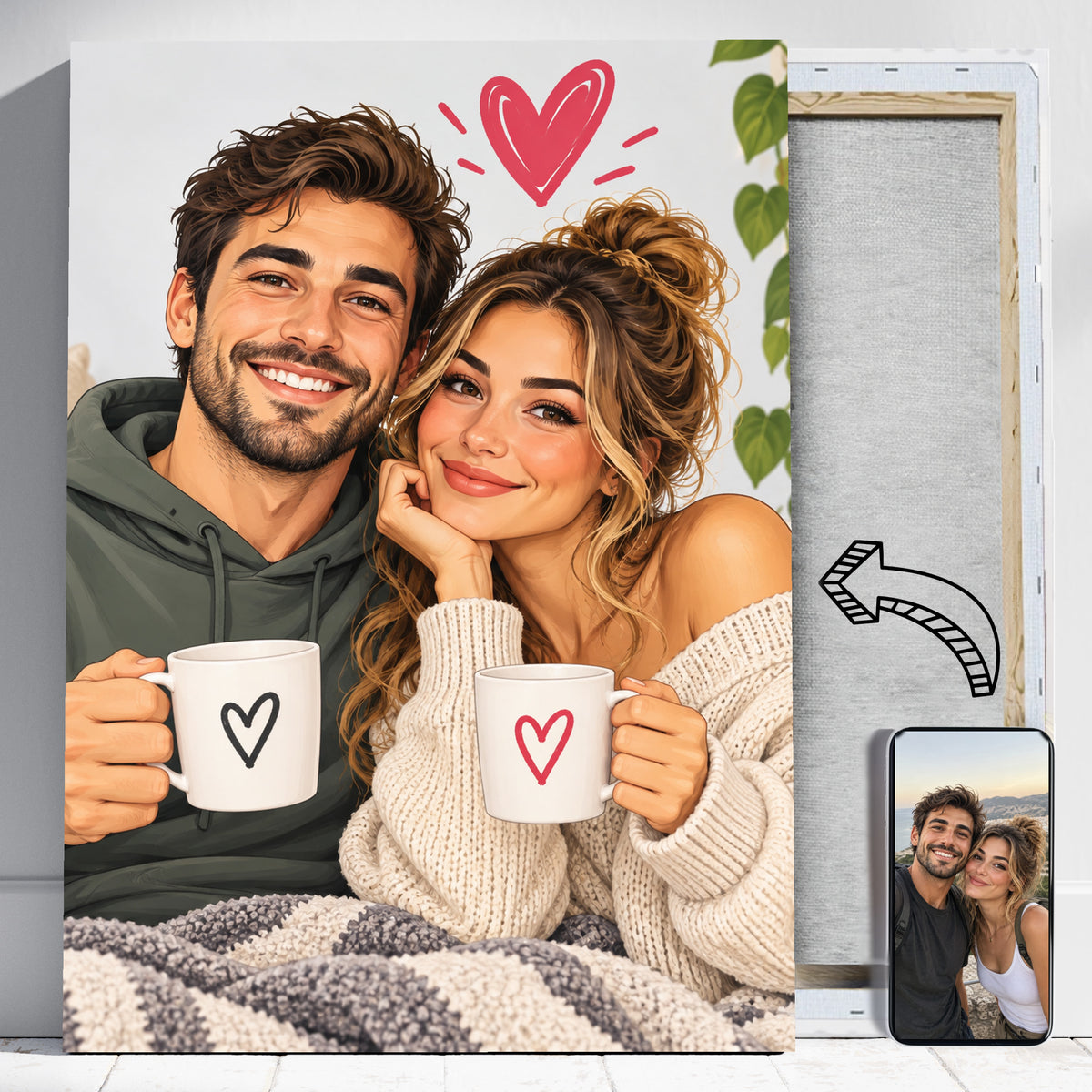 Wspólny Odpoczynek w Stylu Graficznym – Portret Pary ze Zdjęcia na Prezent - portret na płótnie i zdjęcie referencyjne w telefonie