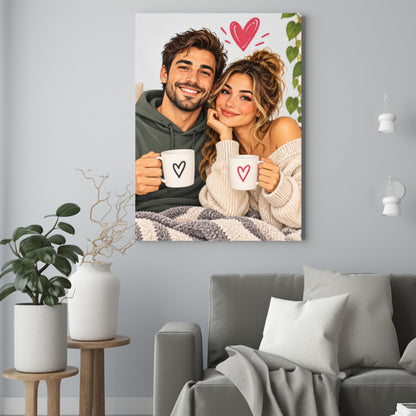 Wspólny Odpoczynek w Stylu Graficznym – Portret Pary ze Zdjęcia na Prezent - portret na płótnie we wnętrzu